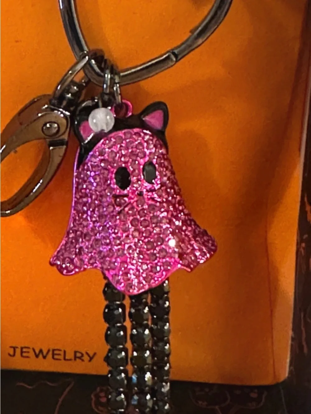 BETSEY JOHNSON Halloween Ghost Kitty Cat Metallic Pink Bag Charm & Keychain NWT